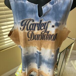 Harley-Davidson Blue and Tan Sleeveless Muscle Tee